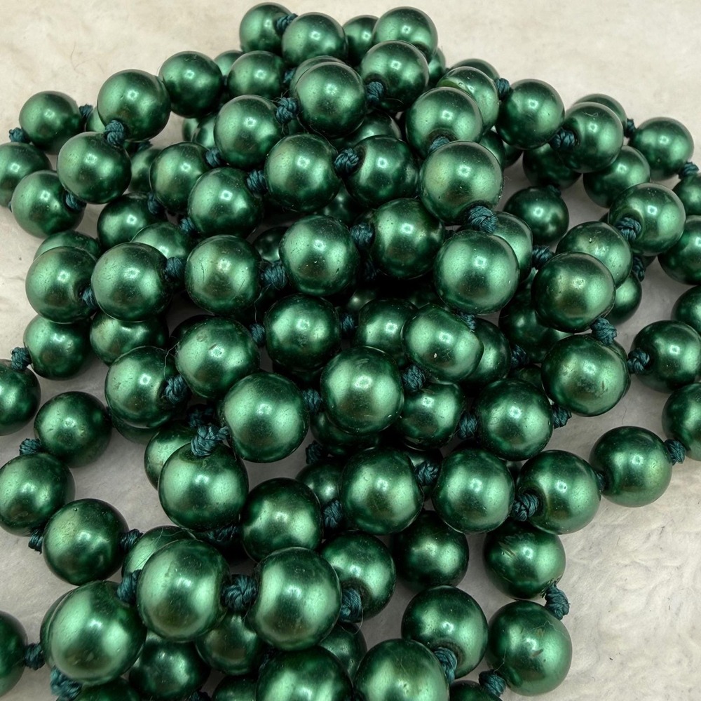 Vintage Glass Faux Pearl Necklace Green Hand Knotted 8mm Bead 60in